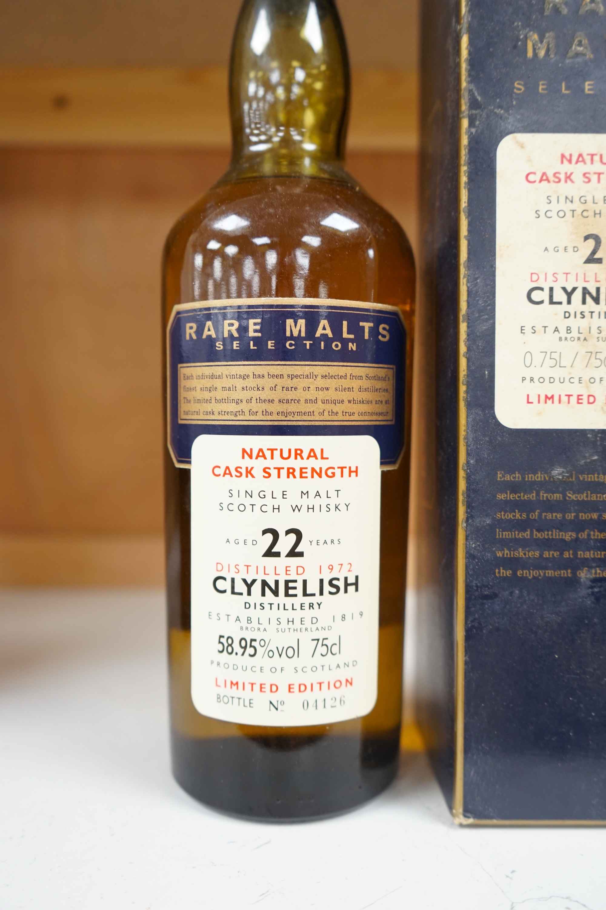 A boxed bottle of Clynelish 22 year old aged 1972 single malt scotch whisky. Condition - fair to good, some staining and wear to box.